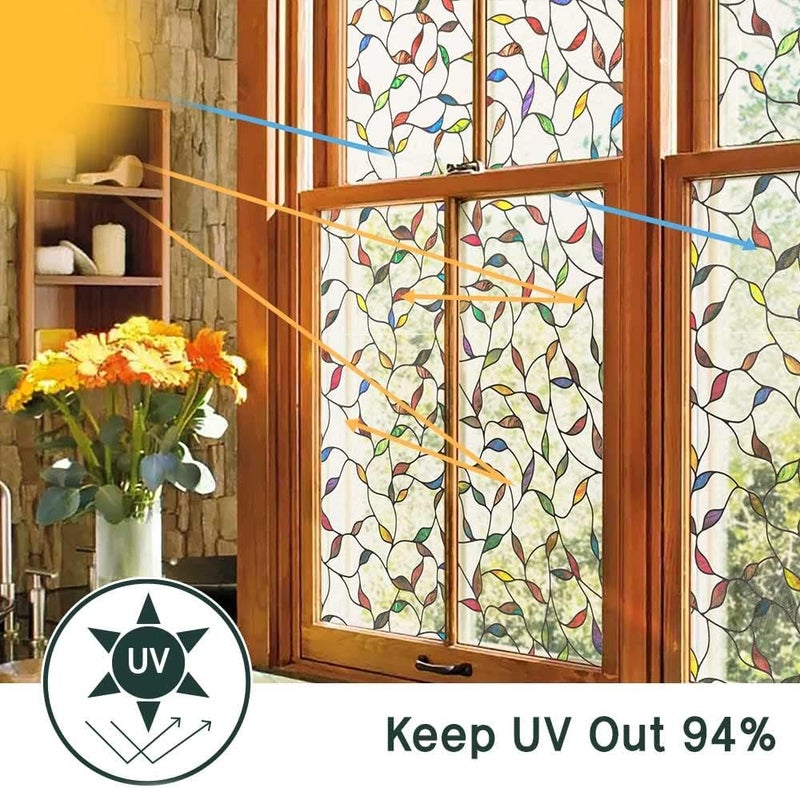 BEAUS TILE UNI Window Film Static Clings Non Adhesive 3D Stained Glass Window Decals UV Protection (Leaf, 37.4 x 24.4 Inch) - Image 2